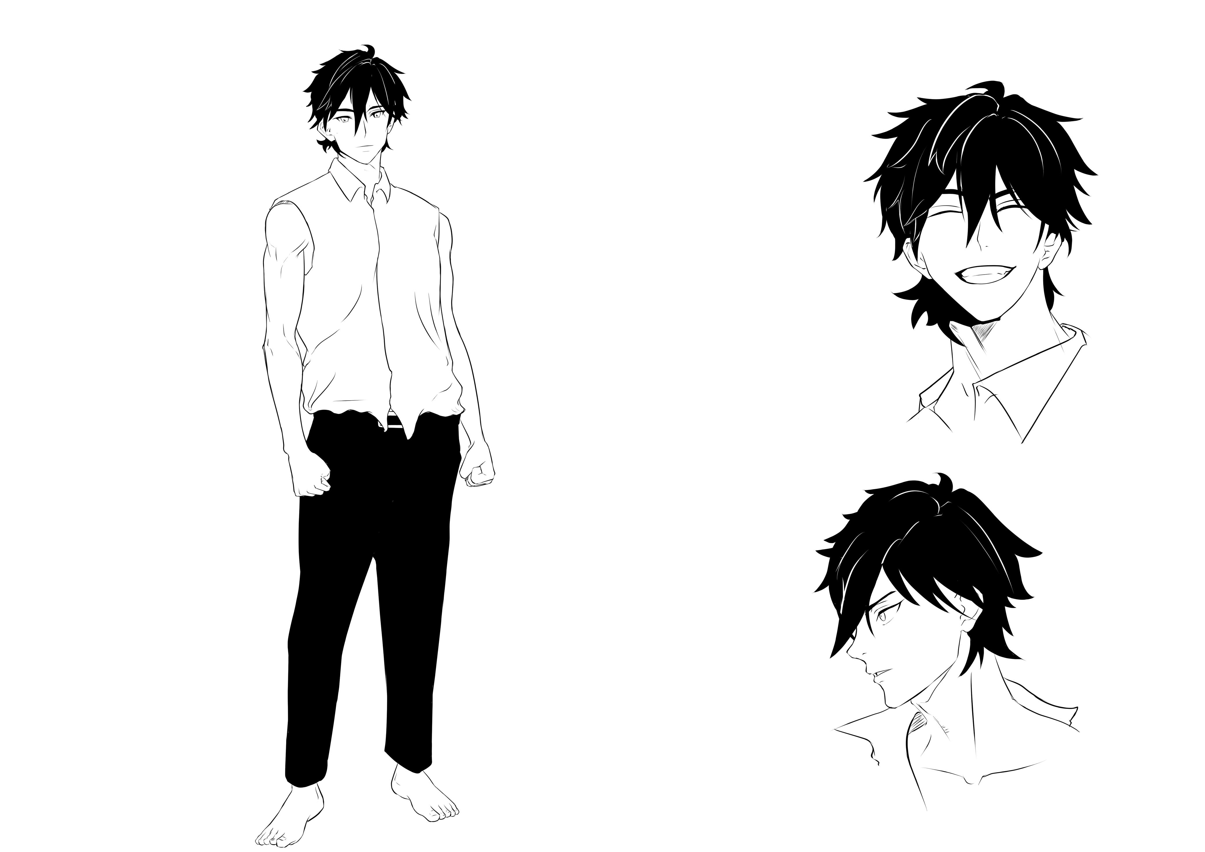 Original black-and-white character artwork: a full-length figure and two expression studies